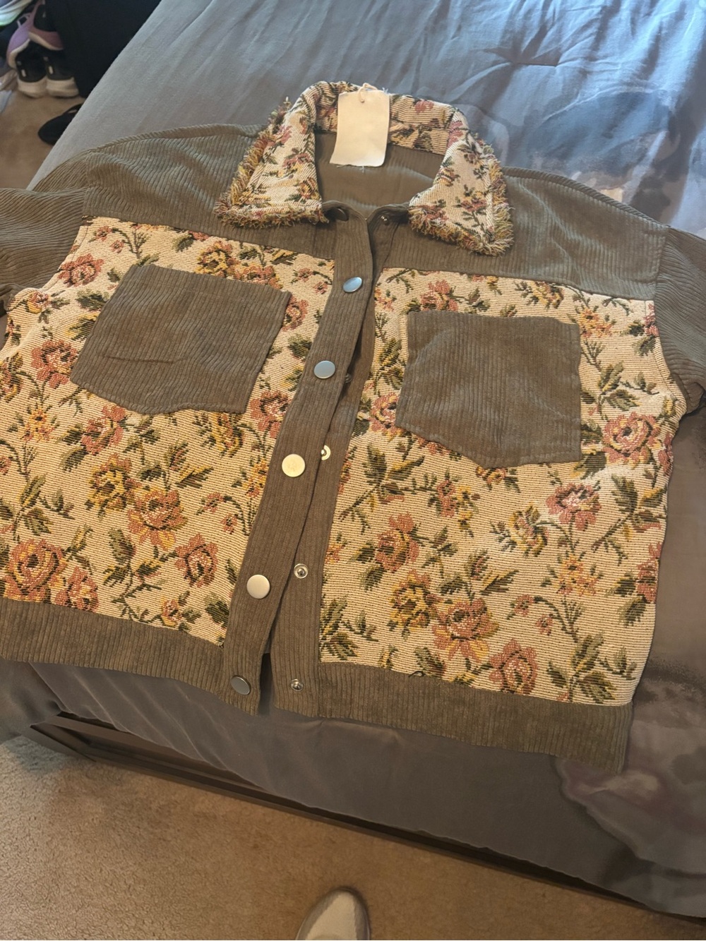 Floral Patchwork Teddy Jacket in Taupe
